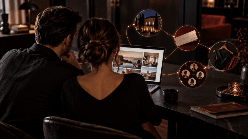 Koppel bekijkt op een laptop geselecteerde lifestylepartners en aanbiedingen