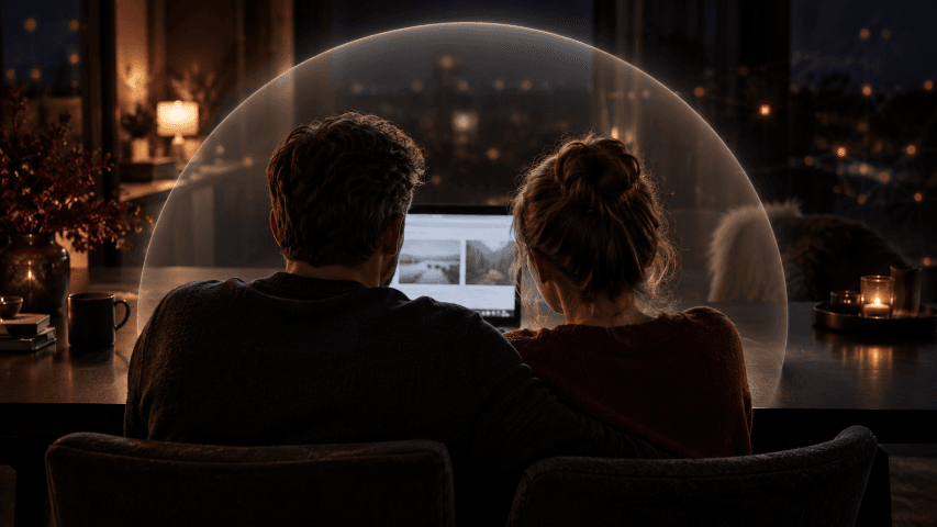 Koppel bekijkt samen een laptop binnen een beschermende lichtcirkel